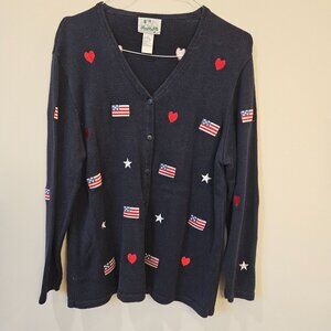 The Quacker Factory Patriotic Womens Sweater American Flags & Hearts size Large